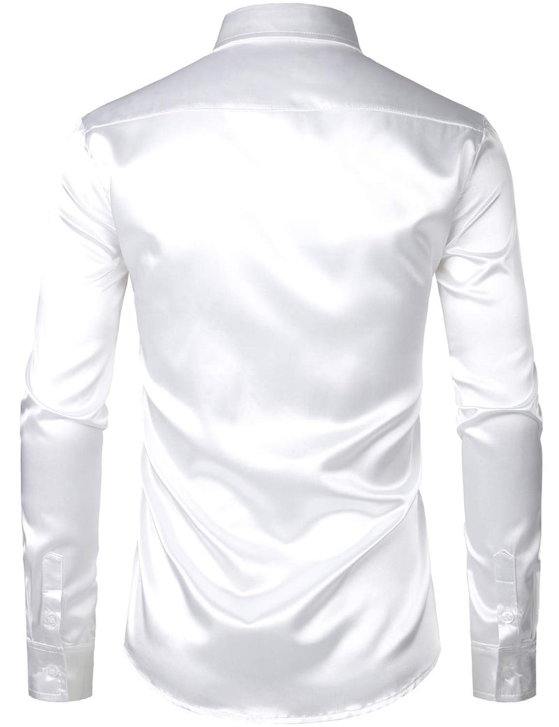 ZEROYAA Men's Luxury Shiny Silk Like Satin Button Up Dress Shirts ZLCL14-White Large - Image 3